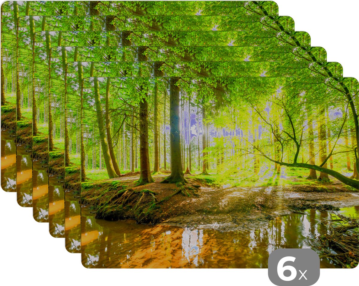Placemat - Placemats kunststof - Bos - Landschap - Water - Bomen - Zon - Groen - Natuur - 45x30 cm - 6 stuks - Hittebestendig - Anti-Slip - Onderlegger - Afneembaar