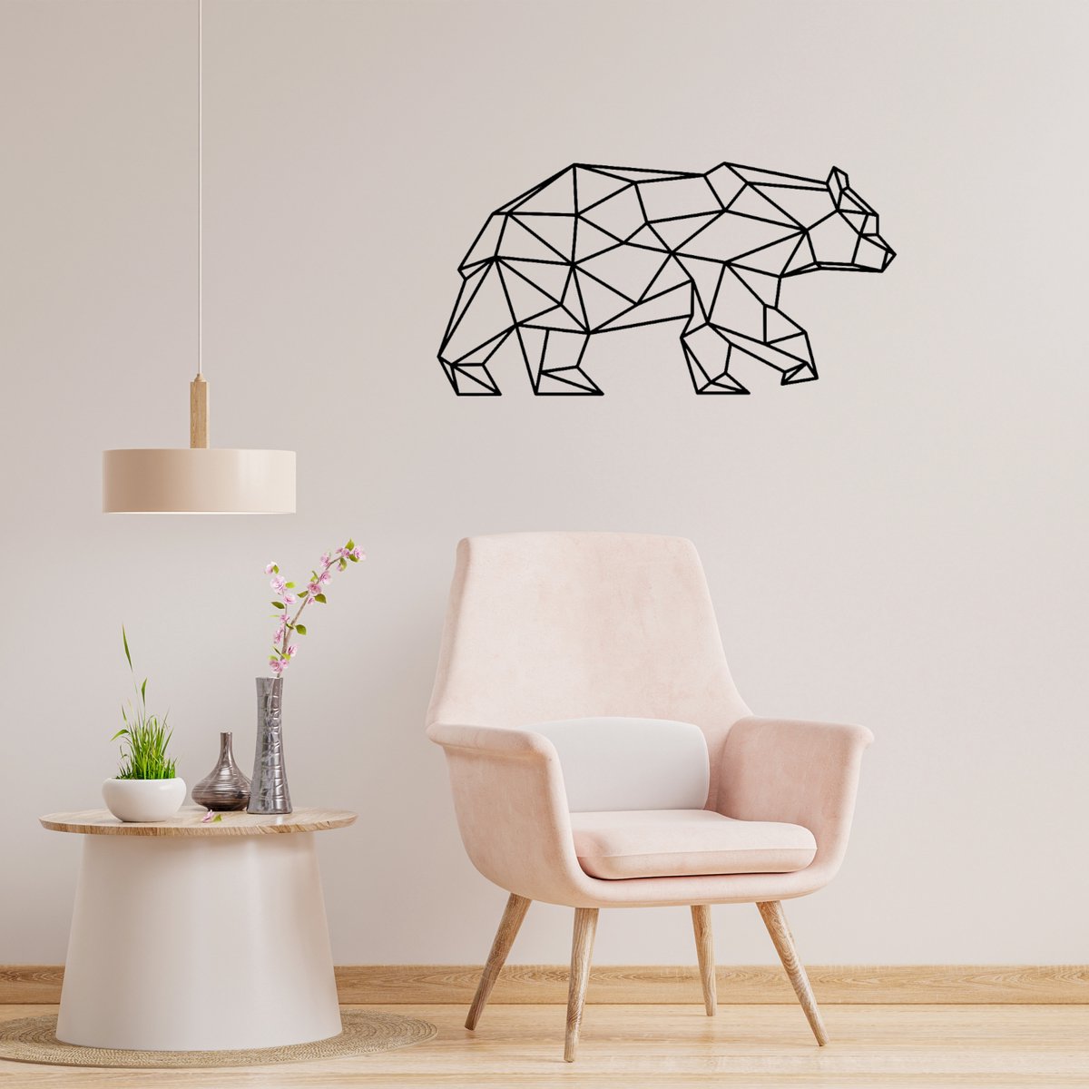 Geometrische Beer - H 45cm B 88cm (XL)- Line art - Wall art - Muurdecoratie zwart - Van Aaken Design