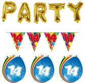 Folat - Verjaardag feestversiering 14 jaar PARTY letters en 16x ballonnen met 2x plastic vlaggetjes