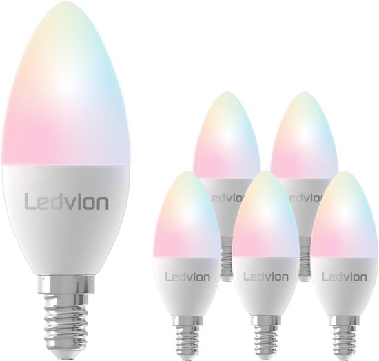 Ledvion 6x SMART RGB+CCT E14 LED-lamp, Wi-Fi-verlichting, Wifi-lamp, dimbaar, 5W, 470 Lumen, compatibel met onder andere Alexa en Google Home