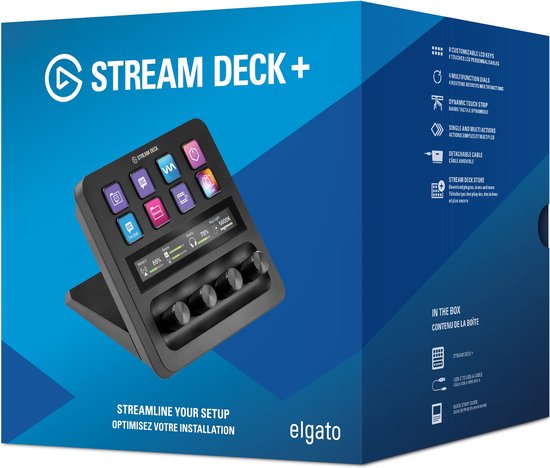 Doos van de Elgato Stream Deck+ met een afbeelding van het apparaat en specificaties.
