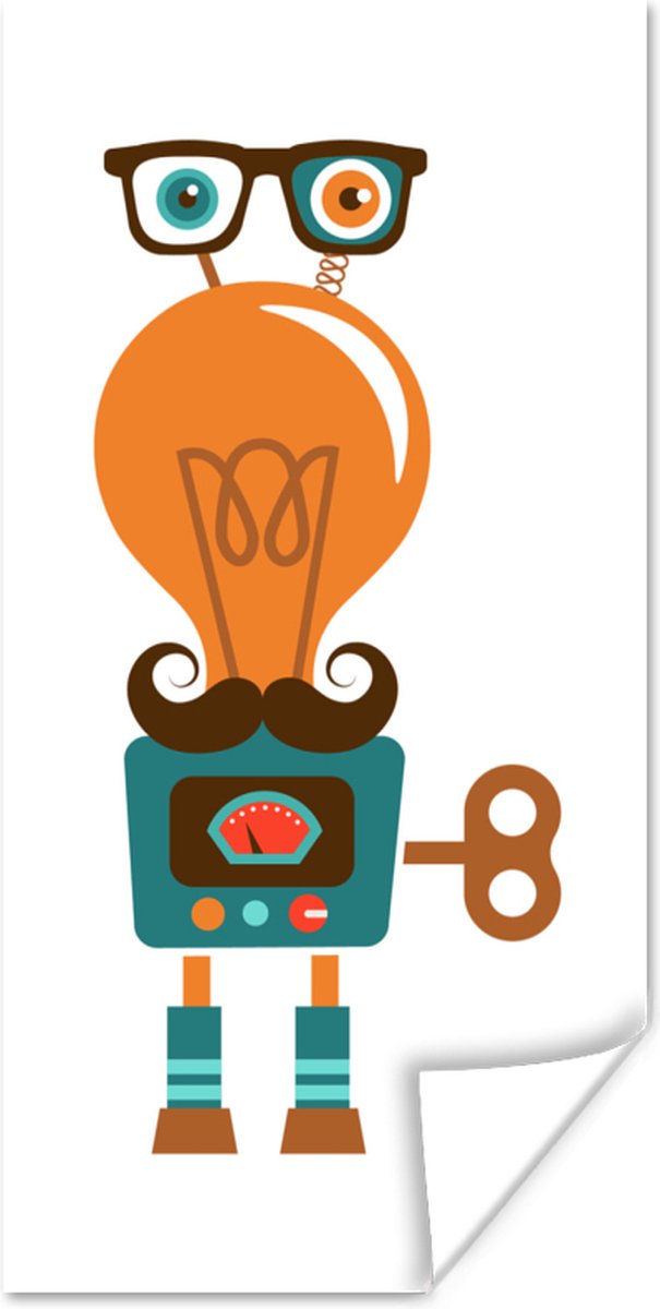 Poster 20x40 cm - Robot - Bril - Gloeilamp - Snor - Kinderen - Jongens - Posters - Kamer d