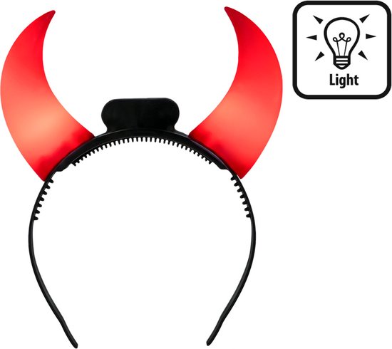 Glimmende rode LED duivelshoorntjes op zwarte diadeem met licht-icoon.