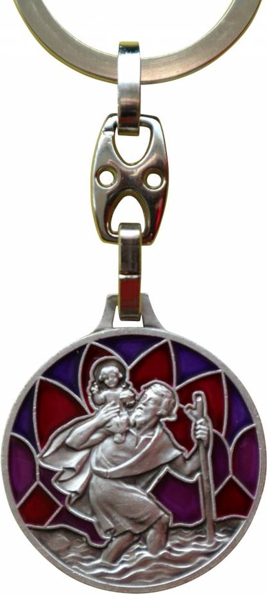 DXiongW Sint Christoffel Plakette Zilver met Leder Sleutelhanger Auto Geluksbrenger 3,8 cm Heilige Christoffel hanger met Geschenkdoos Beschermheilige Sleutelhanger voor Autobestuurders en Reizigers