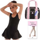 Dancer Dancewear® balletpak set | “Prima Donna” | Zwart | Balletpakje voor meisje met rokje | Balletpanty | Ballettas | Maat 12 jaar | Maat 140