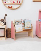 WFL - houten kinderboekenrek - Roze en Naturel hout - 61.9 x 53,8 cm - Montessori - boekenkast voor kinderen - kinderboeken- speelgoedrek - kinderkamerkast - bookcase - opbergrek