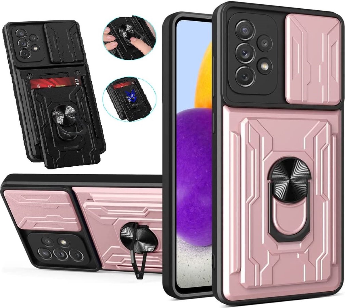 Hoesje Geschikt Voor Samsung Galaxy A23 4G hoesje met Ring houder - camera lens protector en pashouder – Rosegoud