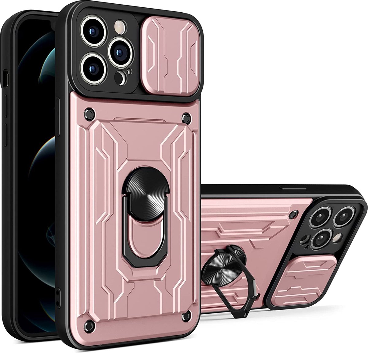 Geschikt voor iPhone 12 Pro Max hoesje met pashouder - camera bescherming cover en ring houder – Rosegoud – oTronica
