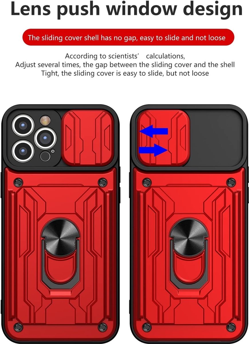 iPhone 13 Pro hoesje met pashouder - camera bescherming cover en ring houder – Rood – oTronica