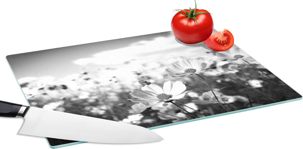 Glazen Snijplank - 39x28 - Bloemen - Wei - Paars - Gras - Wit - Wolken - Blauw - Snijplanken Glas