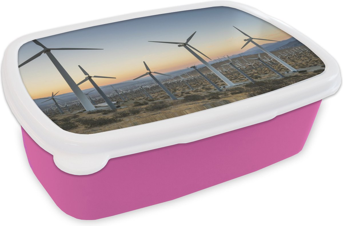 Broodtrommel Roze - Lunchbox - Brooddoos - Amerika - Zon - Windmolen - 18x12x6 cm - Kinderen - Meisje