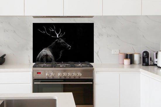 Spatscherm keuken 100x65 cm - Kookplaat achterwand Hert - Zwart - Portret - Gewei - Dieren - Muurbeschermer - Spatwand fornuis - Hoogwaardig aluminium
