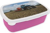 Broodtrommel Roze - Lunchbox - Brooddoos - Trekker - Blauw - Platteland - Wolken - 18x12x6 cm - Kinderen - Meisje
