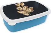 Broodtrommel Blauw - Lunchbox - Brooddoos - Plant - Bladeren - Goud - Zwart - Luxe - 18x12x6 cm - Kinderen - Jongen