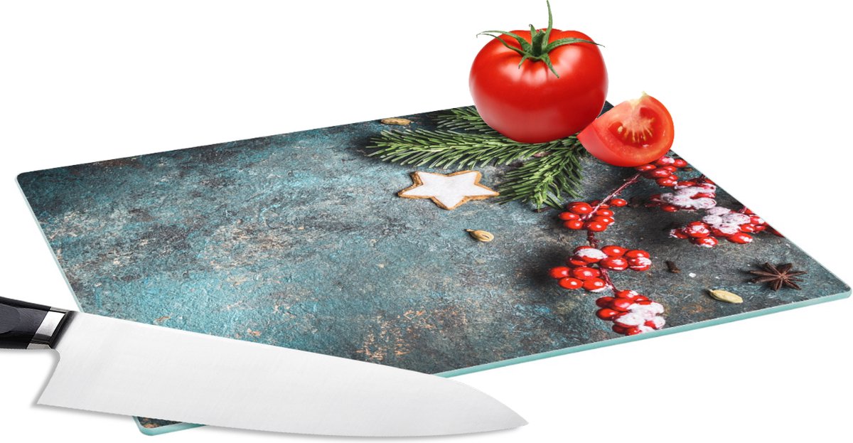 Glazen Snijplank - 28x20 - Kerst - Rustiek - Takken - Steranijs - Bes - Rood - Snijplanken Glas