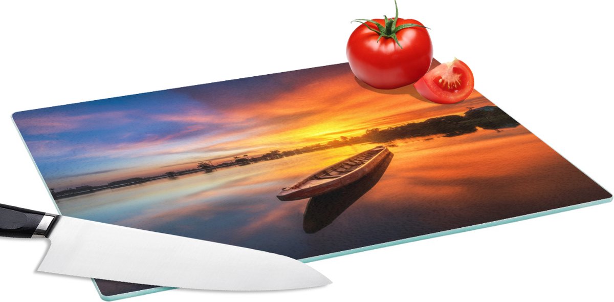 Glazen Snijplank - 39x28 - Boot - Water - Zonsondergang - Oranje - Water - Snijplanken Glas