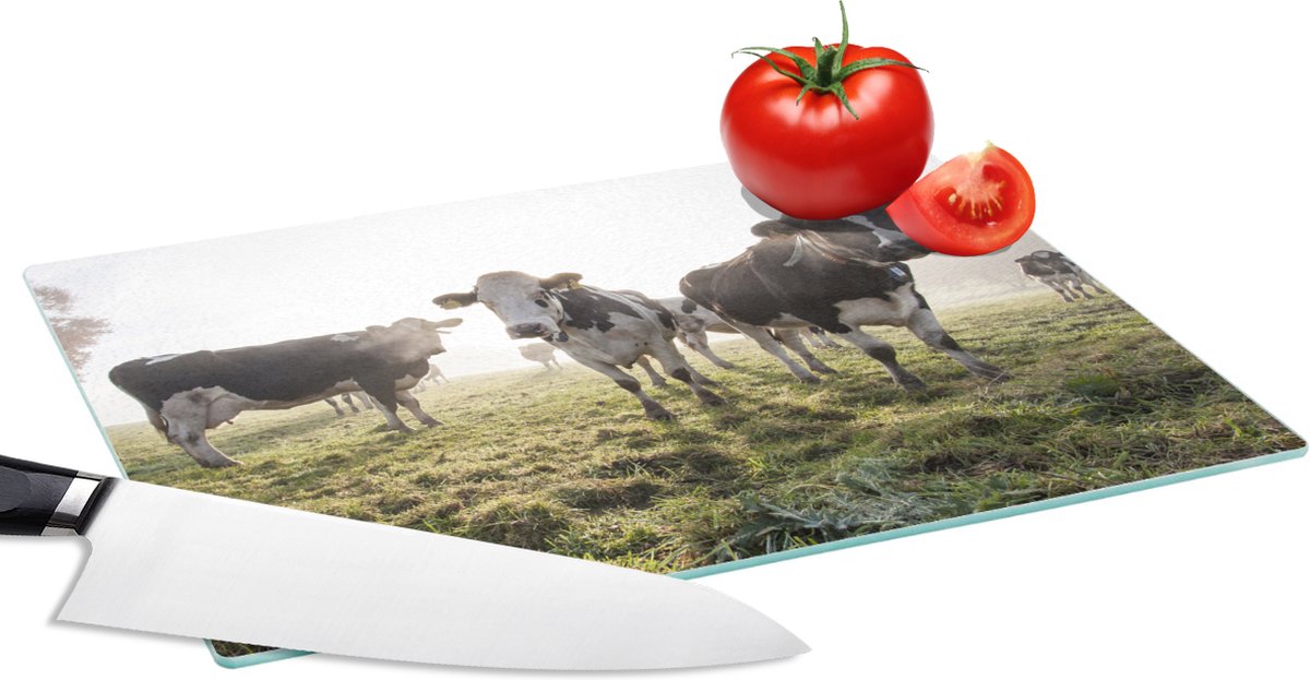 Glazen Snijplank - 28x20 - Koeien - Licht - Gras - Dieren - Snijplanken Glas