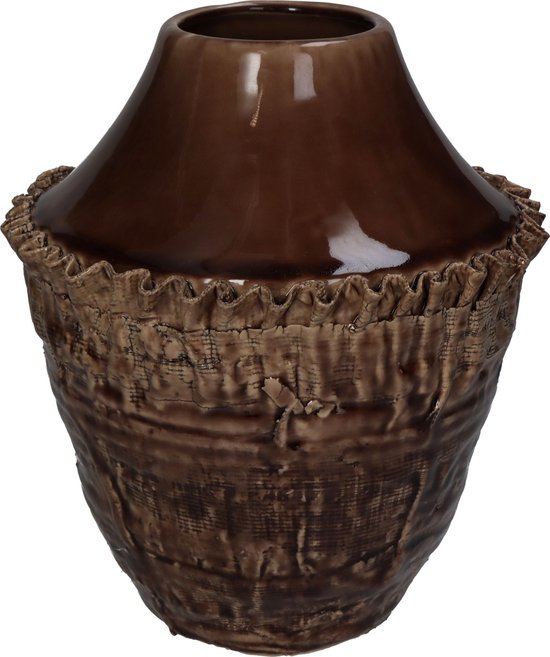 Oneiro’s Luxe Vaas Vase Bark Fine Earthenware Brown ø 21x21x25cm – binnen – buiten – luxe – accessoires – tuin – decoratie – bloemen – voor binnen – keramiek