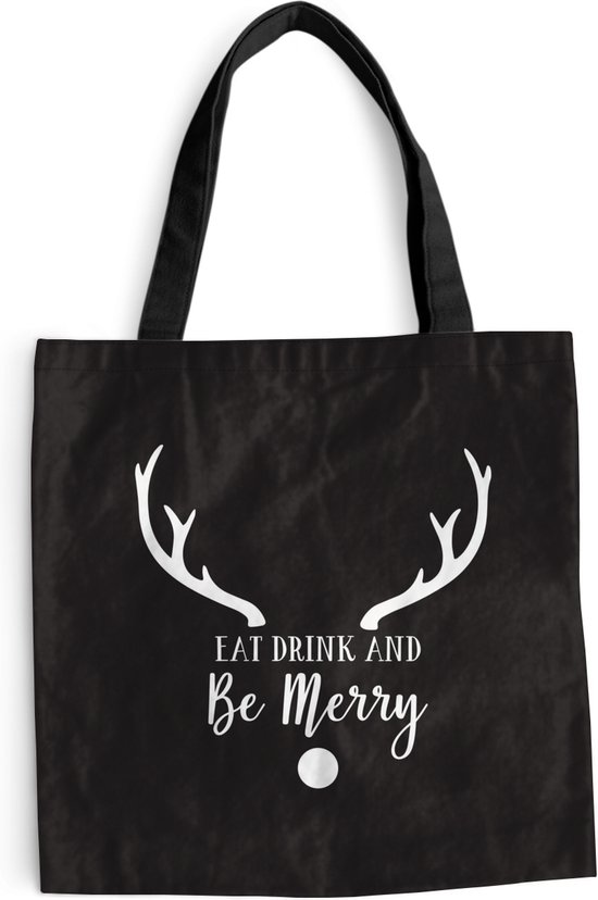 Sac bandoulière - Sac de plage - Shopper Quote Eat, Drink and be Merry décoration murale Noël blanc sur noir - 45x45 cm - Sac en coton
