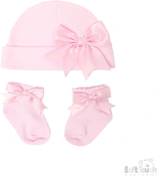 Soft Touch - Baby Geschenkset - Muts & Sokjes met Strik - Roze - 3-6 Mnd