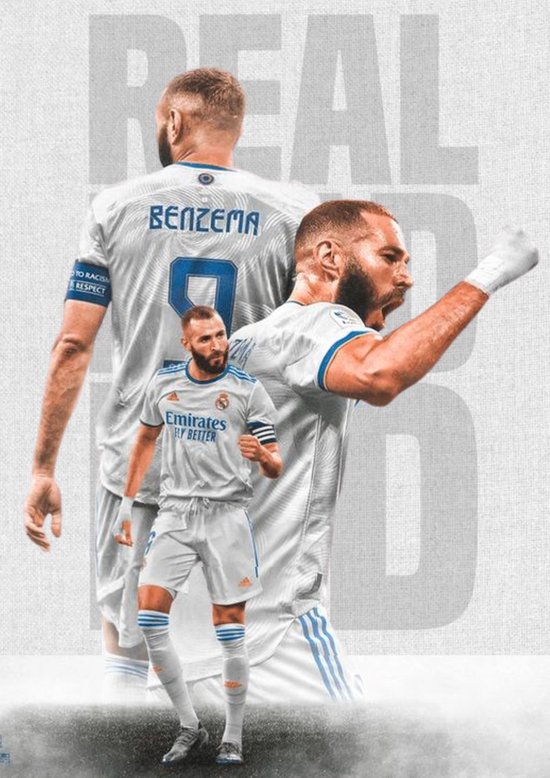 Poster Karim Benzema - Real Madrid - Hoogwaardig glans - Geschikt om in te lijsten - 60x42cm - Voetbal - Bekende voetballer - UEFA Champions League - WK voetbal 2022 - FIFA - Sport - Cadeau
