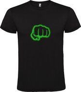 Zwart T-Shirt met “ Broeder vuist / Brofist “ Afbeelding Glow in the Dark Groen Size S