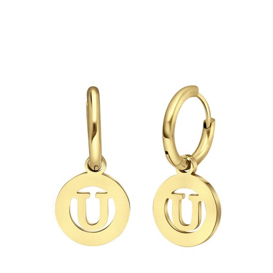 Lucardi Dames Goldplated oorbellen met letter - U - Oorbellen - Cadeau - Staal - Goudkleurig