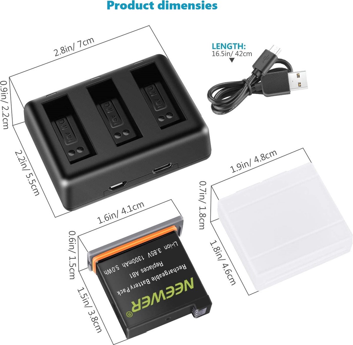 Neewer® - Batterijladerset Geschikt voor DJI OSMO Actiecamera - (Pakket van 3 Stuks 1300mAh AB1 Vervangende Batterij - 3-Kanaals Oplader met Micro-USB en Type C-Ingang) - Compatibel met Origineel