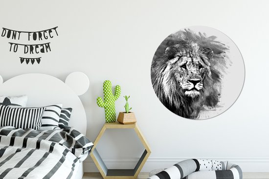 WallCircle - Cercle Mural - Cercle Mural - Lion - Zwart - Wit - Aluminium - Dibond - 90x90 cm - Intérieur et Extérieur