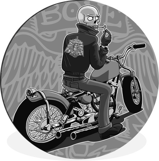 WallCircle - Wandcirkel - Muurcirkel - Een illustratie van een motorrijder op een rode bobber - zwart wit - Aluminium - Dibond - ⌀ 140 cm - Binnen en Buiten
