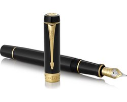Parker Duofold Centennial vulpen | Klassiek zwart met goud detail | Medium puur gouden penpunt | Zwarte inkt en converter | Premium geschenkdoos