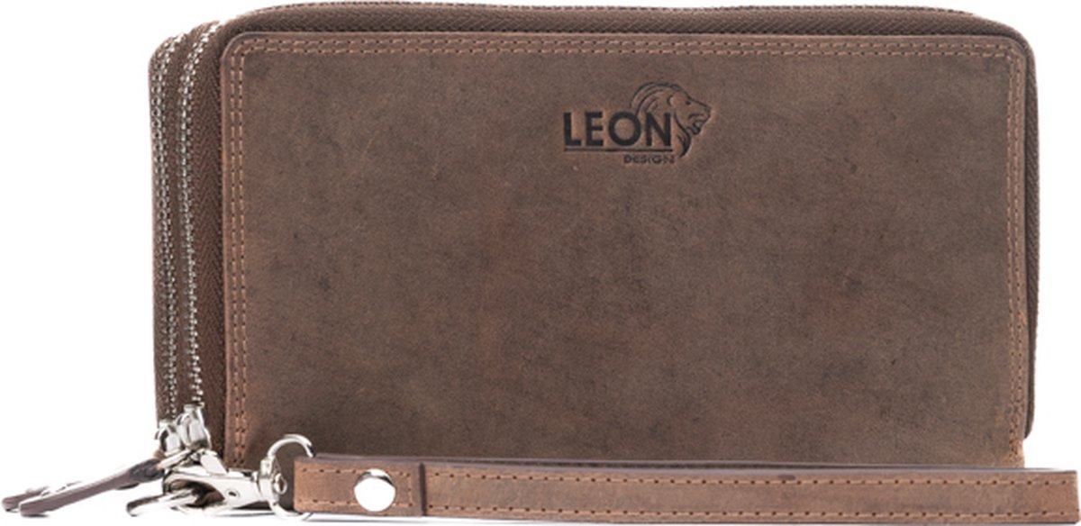 LeonDesign - Portemonnee Dames - Luxe bruin hunter leer - Ruimte voor 25 pasjes - Clutch dames met dubbele rits & afneembare polsband