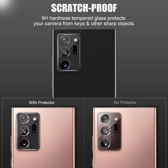 Bronzen Samsung telefoon met camera lens protector en zonder protector