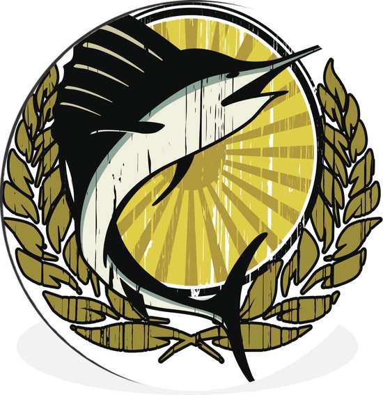 WallCircle - Wandcirkel - Muurcirkel - Een illustratie van een zwarte zwaardvis op een gele achtergrond - Aluminium - Dibond - ⌀ 90 cm - Binnen en Buiten
