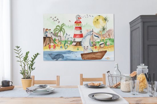Toile - Chambre d'enfant - Enfant - Phare - Plage - Mer - Animaux - Bateau - Peinture sur toile - Toile canvas - 120x80 cm