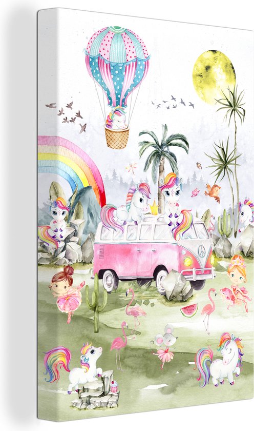 Canvas - Kinderkamer - Unicorn - Eenhoorn - Roze - Auto - Ballon - Canvas schilderij - Canvasdoek - 40x60 cm