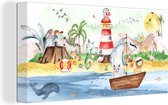 Canvas - Kinderkamer - Kind - Vuurtoren - Strand - Zee - Dieren - Boot - Canvas schilderij - Canvas doek - 40x20 cm