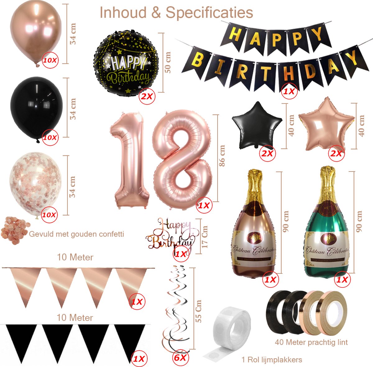 18 Jaar Feest Verjaardag Versiering Confetti Helium Ballonnen Slingers Happy Birthday Rose Goud & Zwart XL SET – 60 Stuks — afbeelding 2