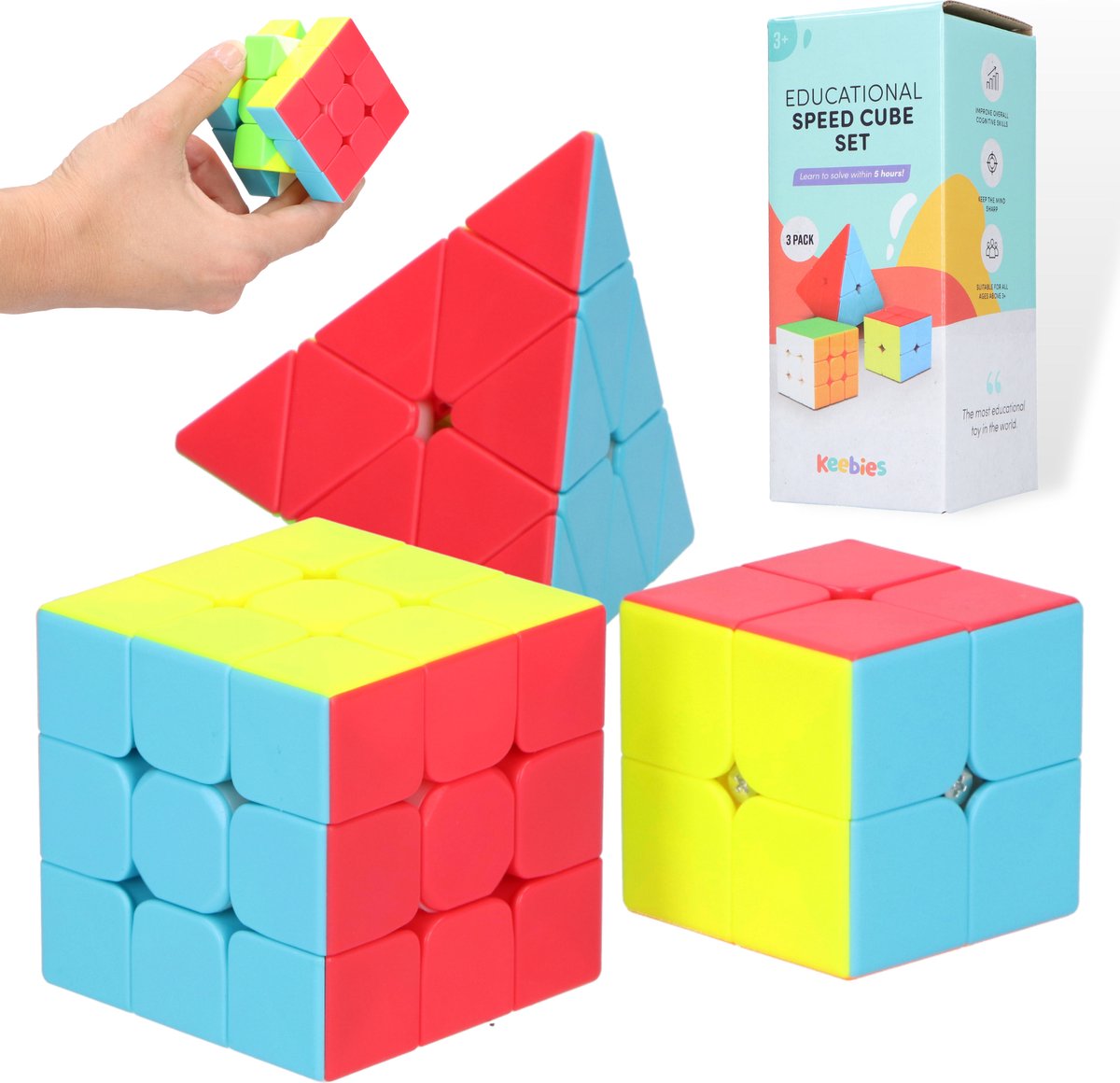 Keebies Speed Cube Set - 3x3 / 2x2 Pyraminx - Puzzel Kubus - Breinbrekers voor Volwassenen en Kinderen - Incl. Solver / Oplossen Cubes Handleiding - 3 Pack - Keebies