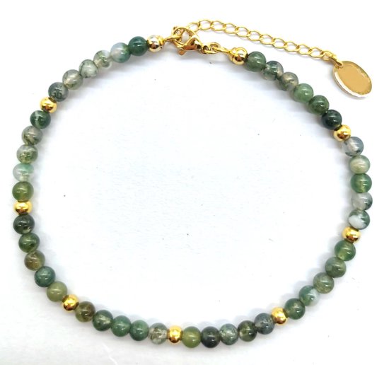 CO88 Collection 8COSAM-210282 Bracelet de cheville en Perles d'agate mousse - Vert - Diamètre 4 mm - Fermoir doré