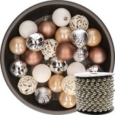 Decoris Kerstballen - 37x stuks - 6 cm - wit/zilver/bruin - incl. kralenslinger - kunststof