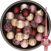 Decoris Kerstballen - 37 ST - kunststof - 6 cm - roze en bruin tinten - met glazen piek