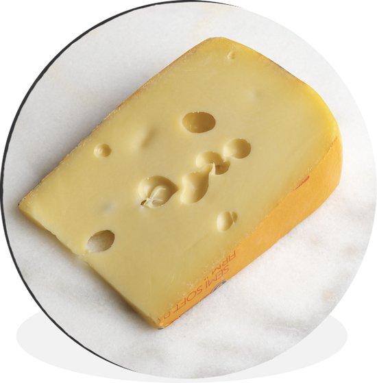 WallCircle - Wandcirkel - Muurcirkel - Een stuk Zwitserse kaas op een aanrecht - Aluminium - Dibond - ⌀ 90 cm - Binnen en Buiten