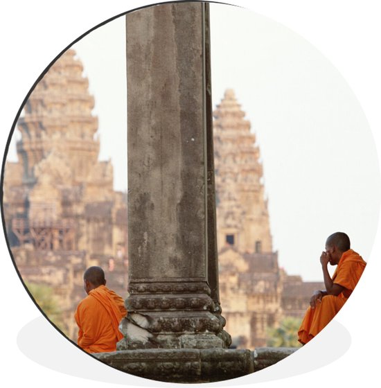 Moines au repos à Angkor Wat en cercle mural carré aluminium ⌀ 30 cm - impression photo sur cercle mural / cercle vivant / cercle jardin (décoration murale)