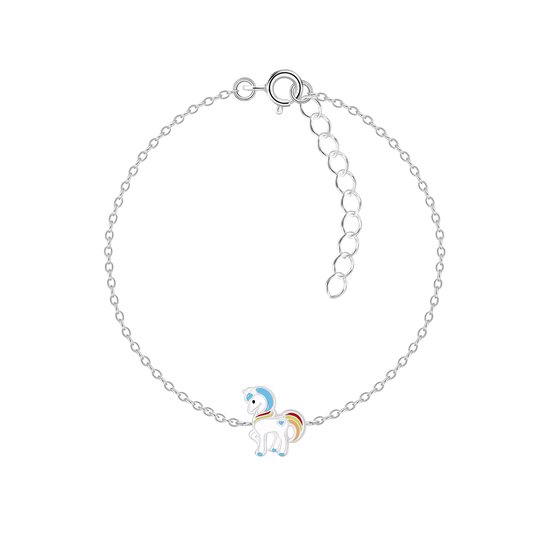 Joie|S - Bracelet licorne argent - bracelet poney - 14 cm + 3 cm - licorne / 7x 10 mm - coeur bleu