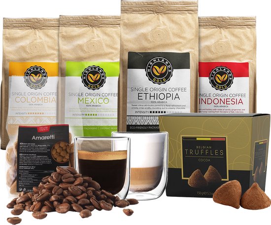 Highlands Gold - Koffiebonen Proefpakket - Koffie Cadeaupakket - 100% Arabica - Single Origin - 4 soorten Koffie, Ambachtelijke Truffels en 2 luxe glazen