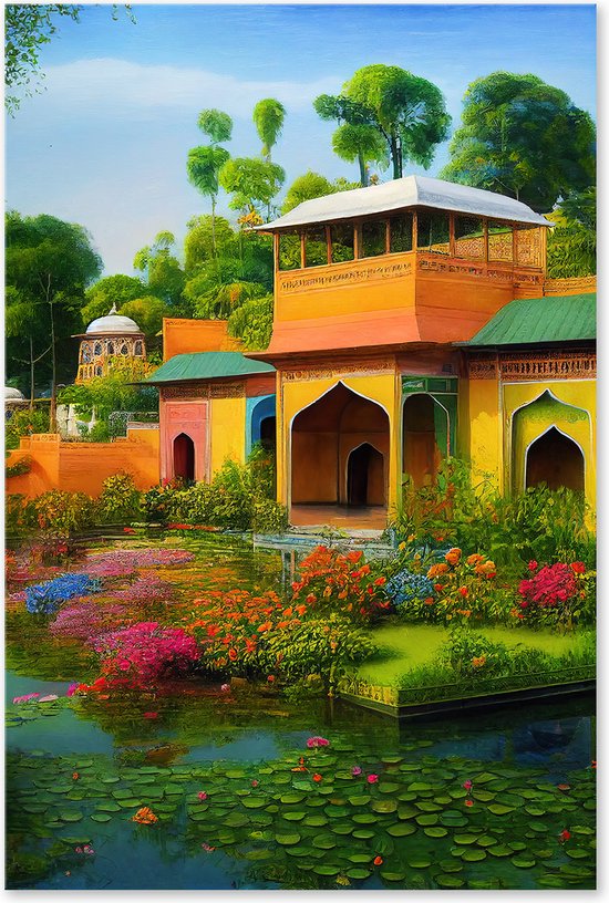 Graphic Message - Schilderij op Canvas - India - Tuin van het Paleis - Bloemen en Vijver - Oosters