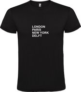 Zwart T-Shirt met “ LONDON, PARIS, NEW YORK, DELFT “ Afbeelding Wit Size XXXL
