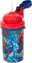 Flip Top Drinkbeker Bidon Spiderman  met rietje en handige 2 Go Koord - Rood / Blauw - Kunststof - 400 ml - Waterfles - Fles - Bidon - Marvel