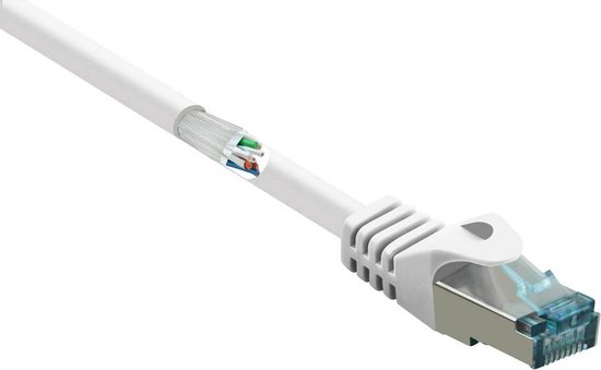 Câble réseau blanc avec un connecteur RJ45, avec un clip bleu et un boîtier métallique. Le câble est partiellement dénudé pour montrer les fils colorés.